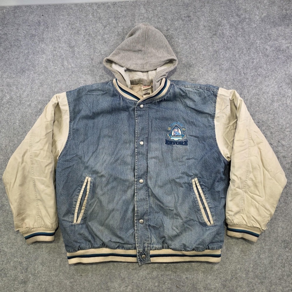 Vintage Disney Store Jacket Mens Large Blue Denim Eeyore Hooded Varsity DISTRESS - Picture 5 of 16